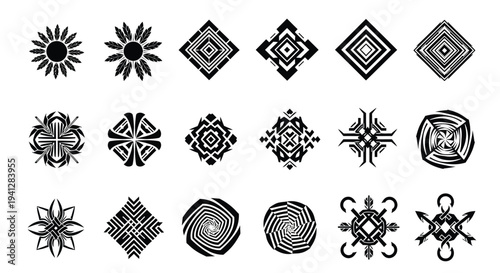 Set of 20 unique black geometric patterns and designs on white background for decoration and creative projects