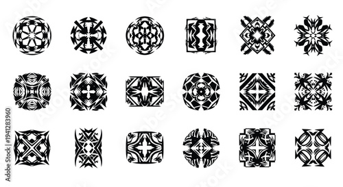 Set of 20 unique black and white geometric patterns ornate designs and shapes on a white background for decoration and graphic design
