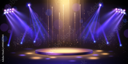 Luxury award ceremony stage with blue and golden illumination. Vector realistic illustration of round podium for concert show or product presentation, winner prize pedestal in bright spot light rays