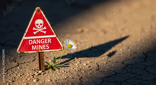 Rusty danger mines sign with white flower in cracked dry earth