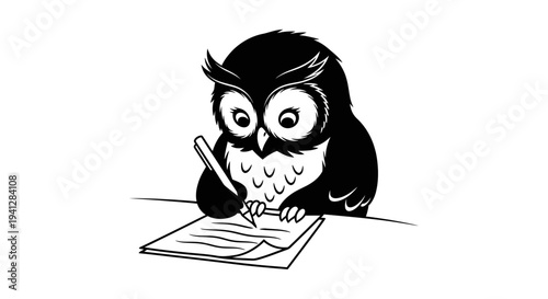 Cute Owl Writing on Paper with Pen, Black and White Cartoon Style
