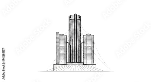 Detroit Renaissance Center Sketch Drawing Architecture Building Landmark