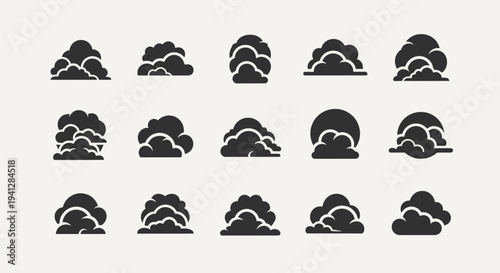 Collection of various black cloud icons on light gray background for weather forecast or design
