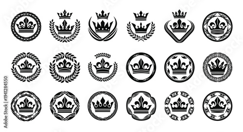 Collection of 20 black crown logos with various designs and circular frames on white background symbolizing royalty and luxury