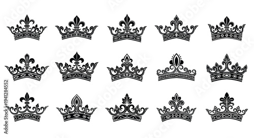 Collection of 12 black crown silhouettes in various designs on white background royalty free
