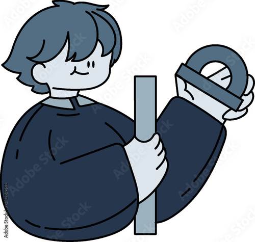 Cartoon boy exercising with dumbbell and barbell
