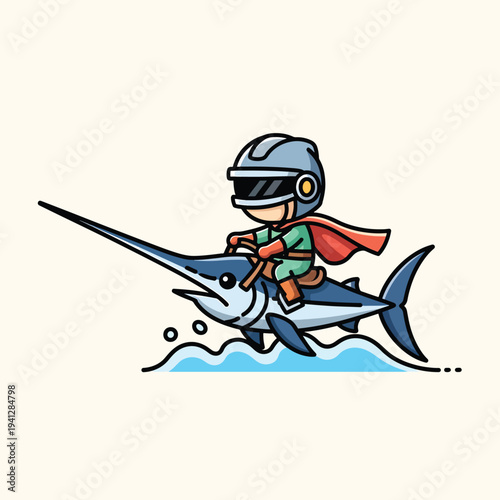 A cartoon hero, cape billowing, rides a swordfish through stylized waves. A helmeted figure grips reins, creating a dynamic, adventurous marine scene