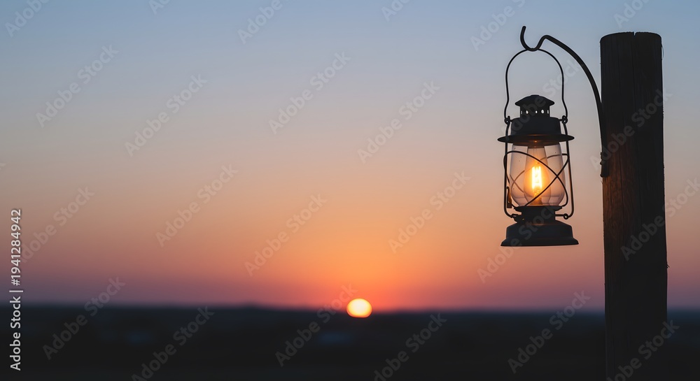 Obraz premium Vintage Lantern Hanging on Wooden Post at Sunset with Warm Glow in Calm Outdoor Scene