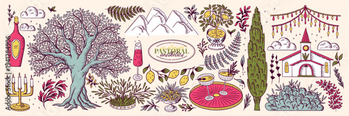 Vintage pastoral. European country aesthetic. Hand-drawn vector illustration of nature, tree, mountains, lemons, wine, candles, tower, arborvitae, candles, and countryside elements for invitation 