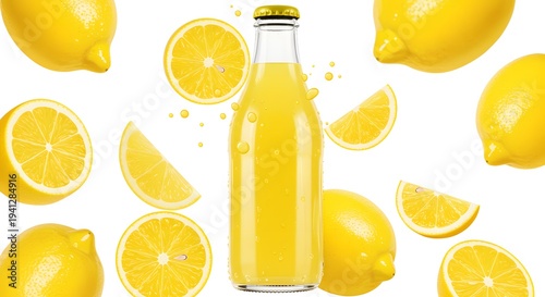 Lemonade Bottle with Fresh Lemons and Lemon Slices on White Background