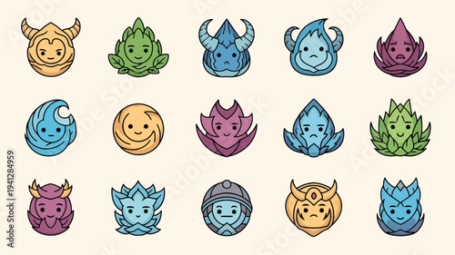 Cute colorful monster emoji character icon set