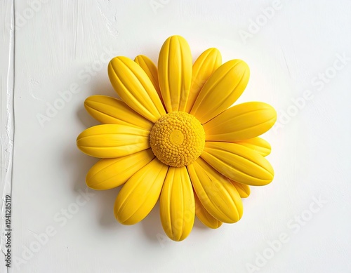 Vibrant, sculpted yellow daisy against a textured white background