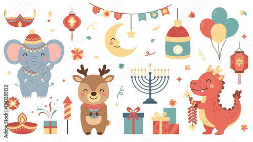 Winter holiday festive character illustration set