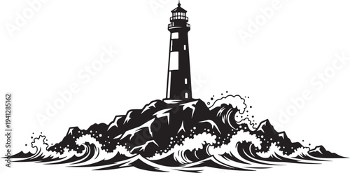 Lighthouse standing tall on rocky island amidst ocean waves