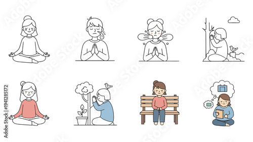 Relaxation and Meditation Activity Illustration Set with People Practicing Mindfulness and Calm Lifestyle