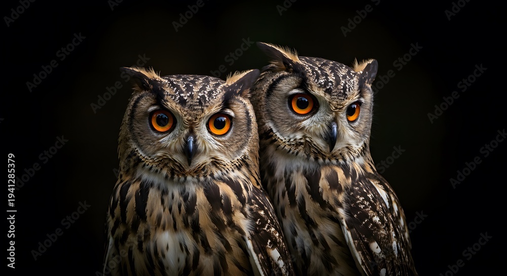 Obraz premium Pair of Spectacular Owl Birds with Bright Orange Eyes and Detailed Feathers in Dark Background