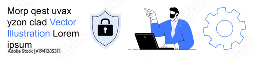 Cybersecurity, digital safety, user protection, technology development, data privacy, online security. Shield with lock, person using laptop gear icon. Cybersecurity and digital safety