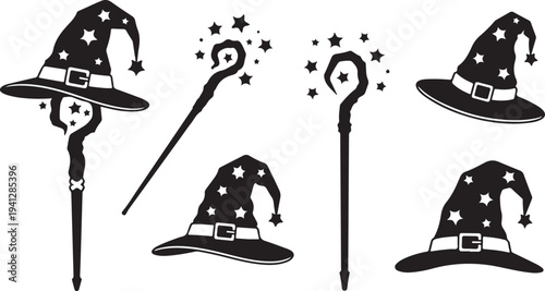 Magical witch hats and wands for Halloween or fantasy