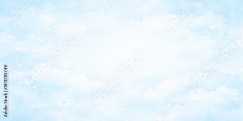 Light blue and white watercolor cloud background with soft pastel wash texture, subtle paint splatter and cloudy sky effect forming minimal abstract artistic paper surface for design.