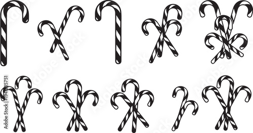 Illustration of various candy canes in black and white