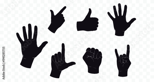 Set of Hand Gestures Silhouettes: Thumbs Up, Pointing, Rock On, Fist, Open Hand