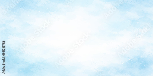 Soft pastel light blue watercolor background with subtle white cloud texture, smooth wash gradients and delicate paint splatter creating minimal abstract sky paper background.