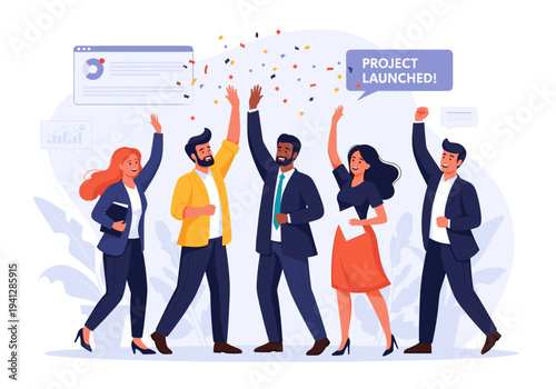 Diverse team celebrating project launch success together.