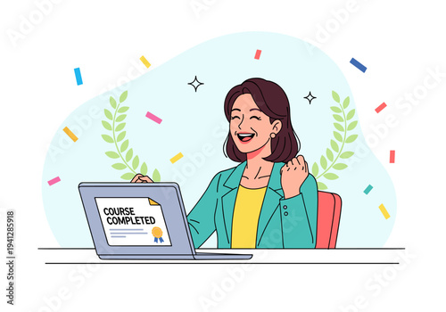 Woman Celebrating Completion of Online Course on Laptop.