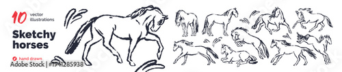 Wallpaper Mural Hand-drawn horses, outline doodle sketches set. Handdrawn line foals, equine animals. Charcoal and chalk contour, whimsical fairytale style. Sketchy vector illustration isolated on white background Torontodigital.ca