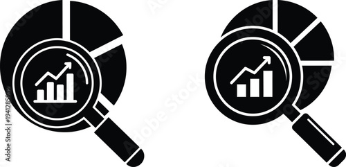 Magnifying glasses with bar graphs and pie charts for data analysis and statistics  on white background
