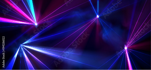 Vibrant laser beams in darkness, dynamic light rays with flare, abstract vector background. Concert stage, nightclub events, and party banner with neon glow effects