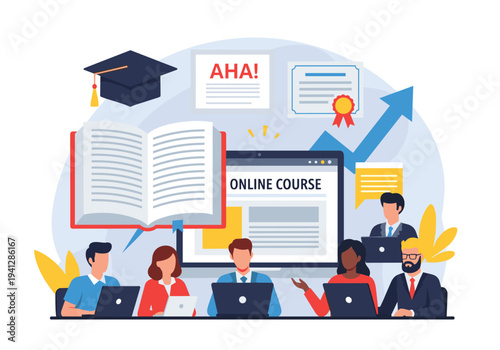 Diverse group of professionals participating in online education and learning.