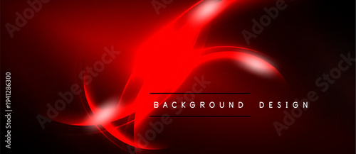 Abstract red design features swirling shapes, bright highlights. Dark background emphasizes dynamic energy, modern aesthetic. Text reads background design.