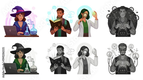 Fantasy Wizard Character Illustration Set with Magical Costume and Storybook Style