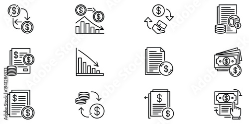 Financial and business icons set with money documents and graphs