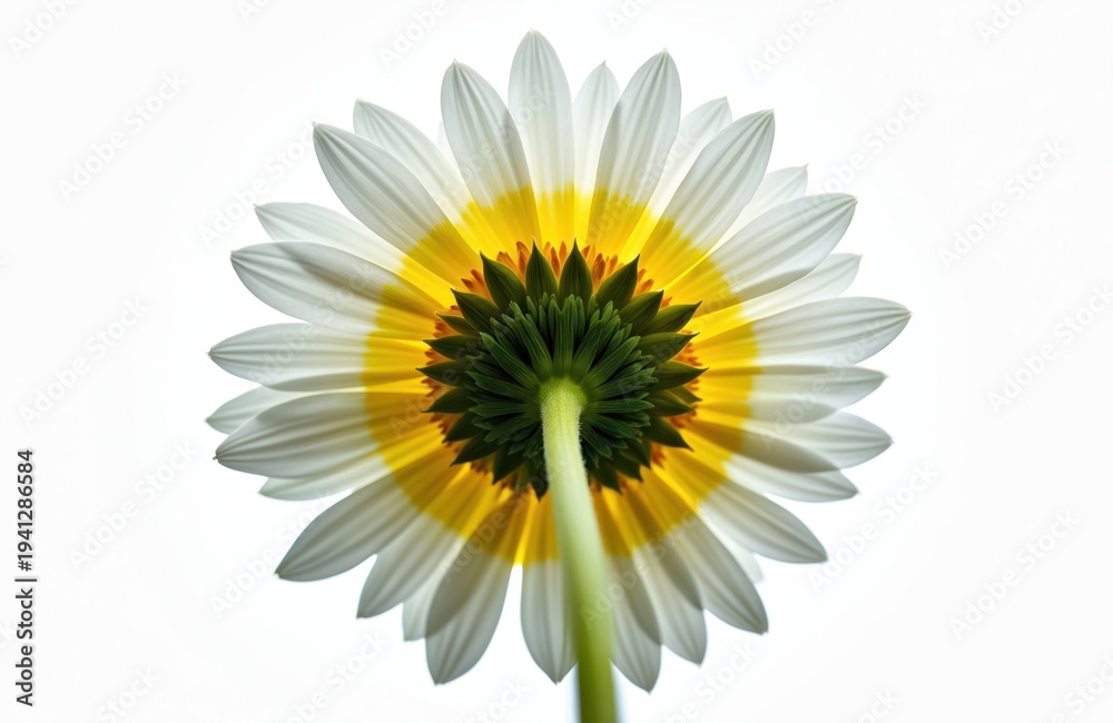 Naklejka premium Underside view of a white and yellow chrysanthemum flower. Close up shot from below shows green stem and center structure against white background. Natural beauty detail.