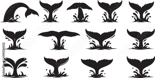 Whale Tail Silhouettes in Various Positions and Angles Set