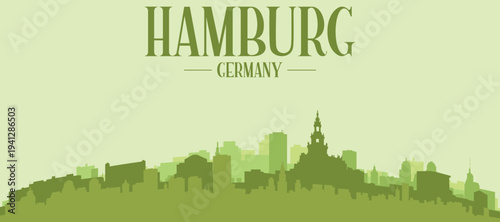 Green panoramic poster of the city skyline with solid background buildings on a hilly terrain of HAMBURG, GERMANY