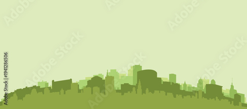 Green panoramic poster of the city skyline with solid background buildings on a hilly terrain of DORTMUND, GERMANY