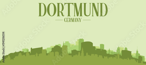 Green panoramic poster of the city skyline with solid background buildings on a hilly terrain of DORTMUND, GERMANY