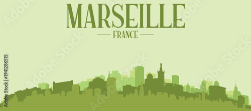 Green panoramic poster of the city skyline with solid background buildings on a hilly terrain of MARSEILLE, FRANCE