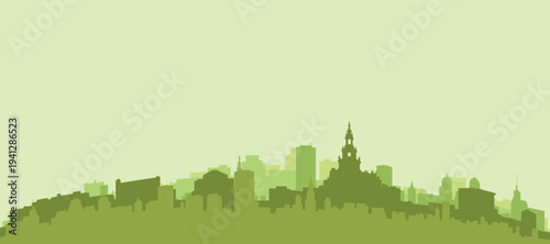 Green panoramic poster of the city skyline with solid background buildings on a hilly terrain of HAMBURG, GERMANY