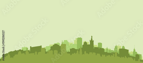 Green panoramic poster of the city skyline with solid background buildings on a hilly terrain of MARSEILLE, FRANCE