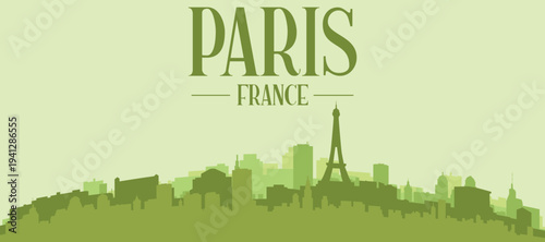 Green panoramic poster of the city skyline with solid background buildings on a hilly terrain of PARIS, FRANCE