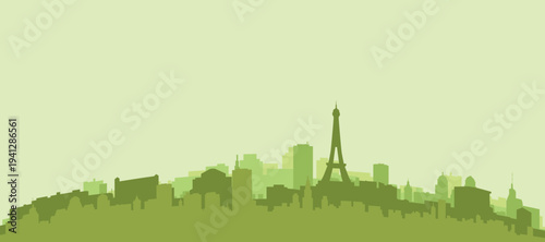 Green panoramic poster of the city skyline with solid background buildings on a hilly terrain of PARIS, FRANCE
