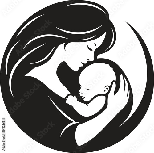 Mother holding sleeping newborn baby, maternal love and motherhood bond concept, minimalist black silhouette vector isolated on white background