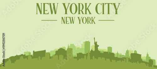 Green panoramic poster of the city skyline with solid background buildings on a hilly terrain of NEW YORK CITY, NEW YORK