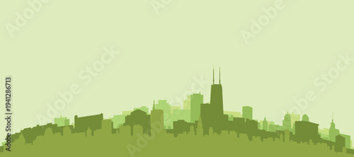 Green panoramic poster of the city skyline with solid background buildings on a hilly terrain of CHICAGO, ILLINOIS