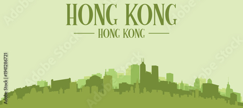 Green panoramic poster of the city skyline with solid background buildings on a hilly terrain of HONG KONG, CHINA