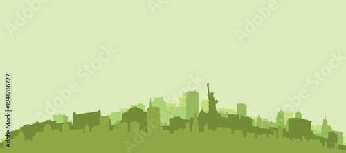 Green panoramic poster of the city skyline with solid background buildings on a hilly terrain of NEW YORK CITY, NEW YORK